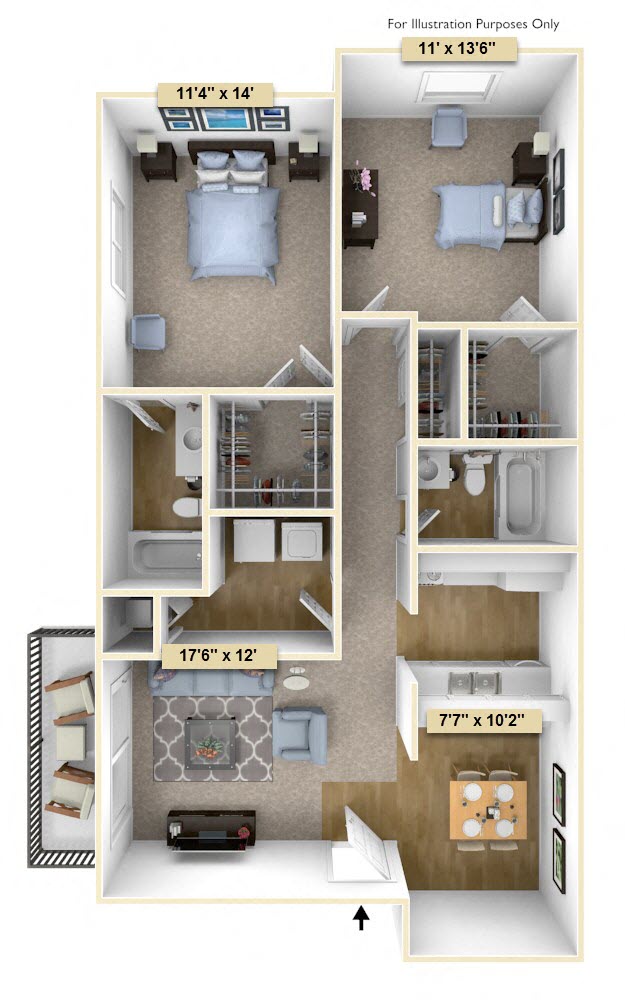 Floor plan for 2 beds, 2 baths, 900 sqft